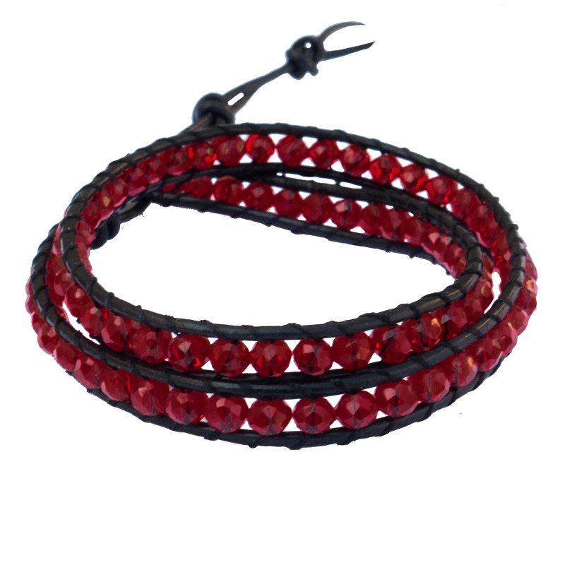 Jt Δερμάτινο διπλό βραχιόλι - κολιέ τσόκερ με κρύσταλλα Κόκκινο Μπορντό